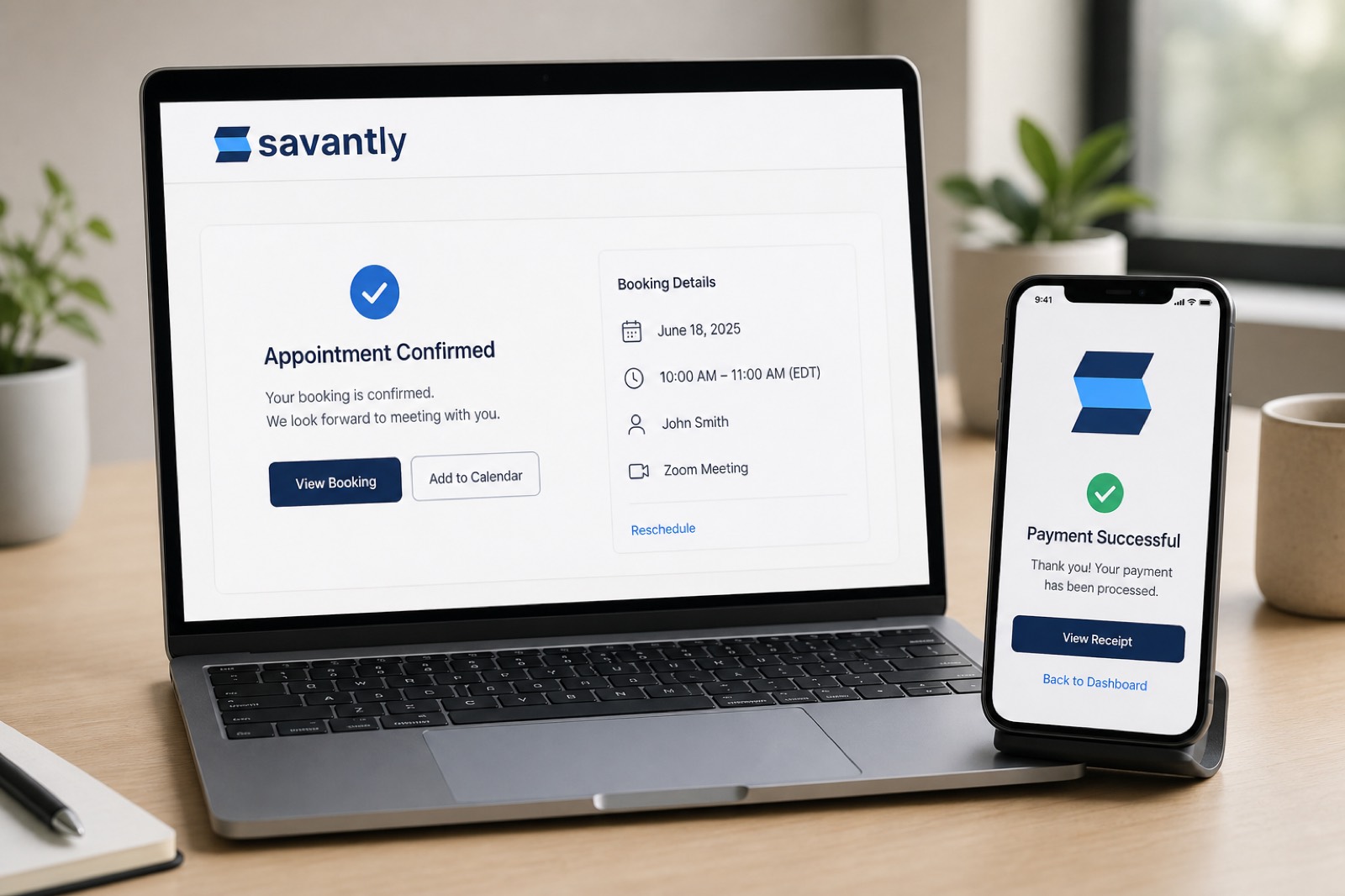Laptop calendar booking confirmation and phone checkout success